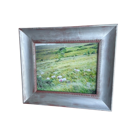 Rustic Farmhouse Style Picture Frame with Sheep Landscape Art, Distressed Silver - Picture 1 of 5